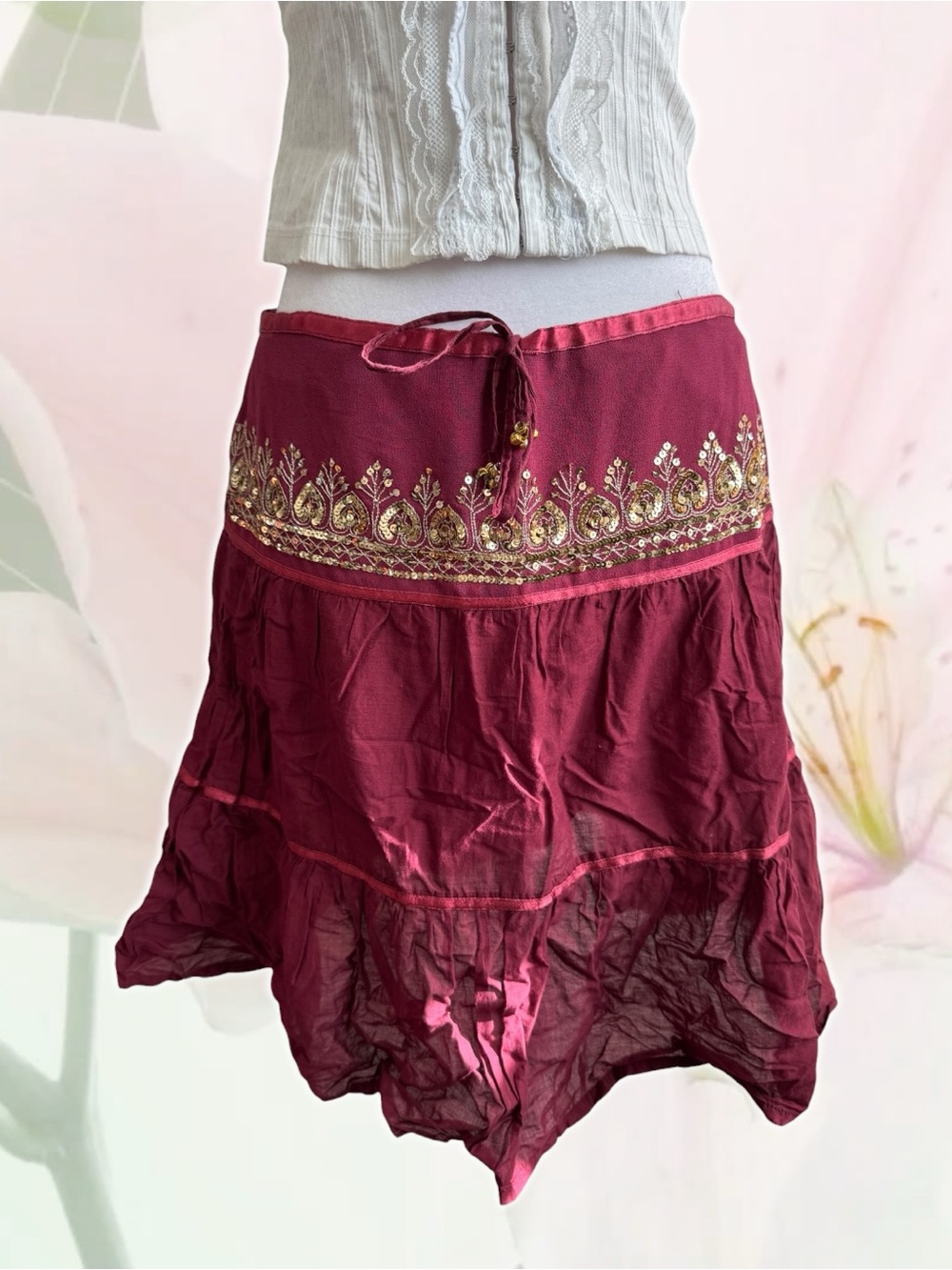 Atmosphere Burgundy Skirt with Gold Embroidery